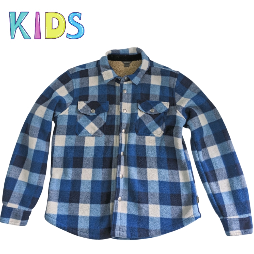 Eddie Bauer Boys Jacket Blue Flannel Plaid Sherpa lined snap front size 14